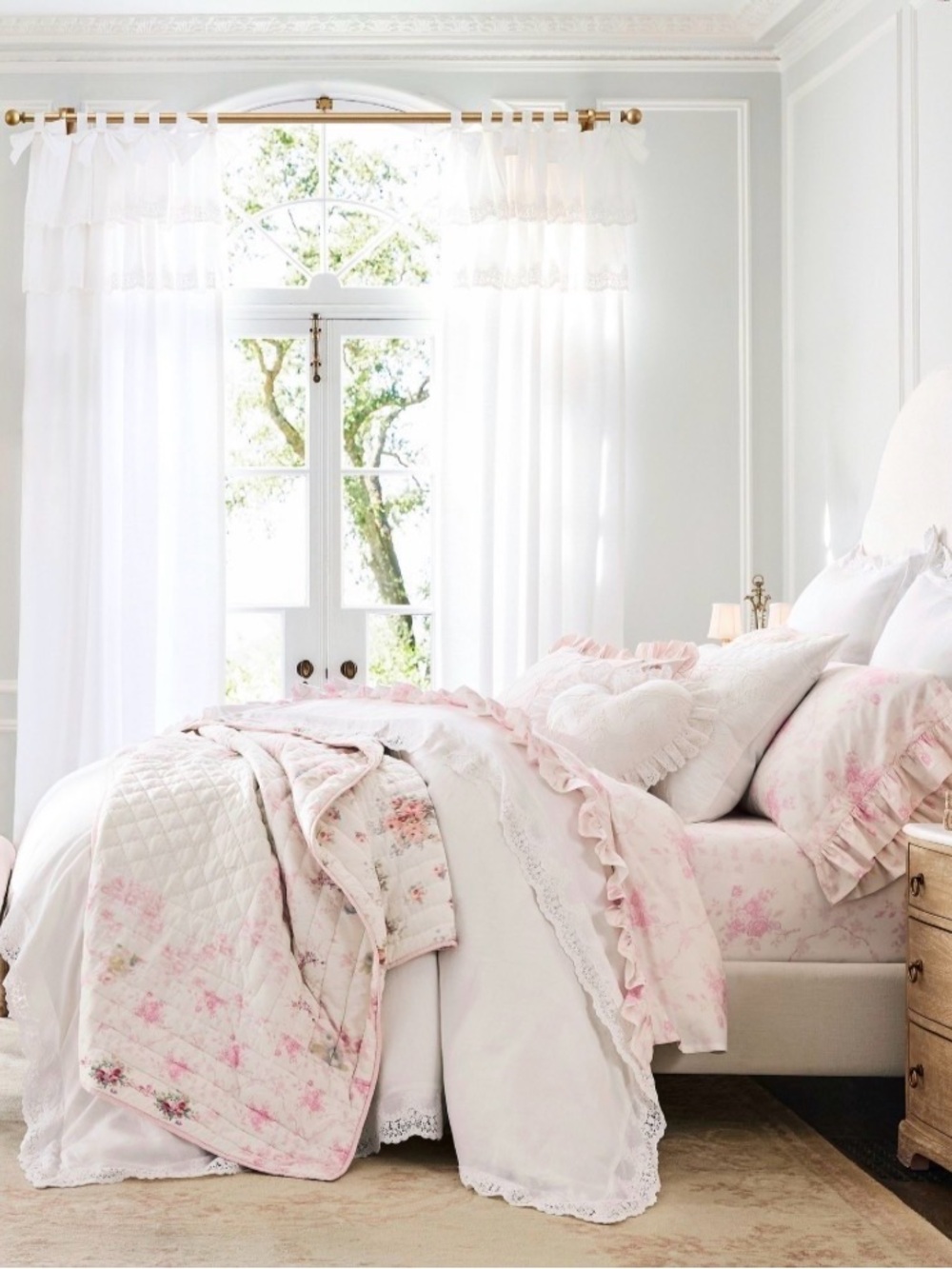LoveShackFancy (2) Pink and White La Vie en Rose Floral Ruffle KING Pillowcases - Picture 7 of 11
